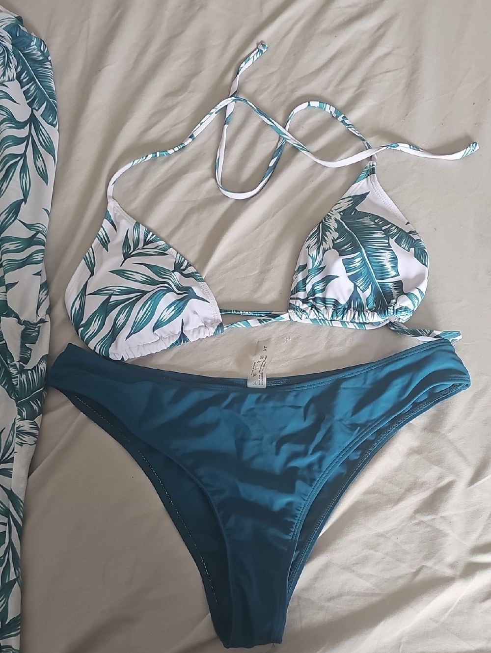 Teal Leaf Print Triangle Bikini Set Cheeky Bottoms
